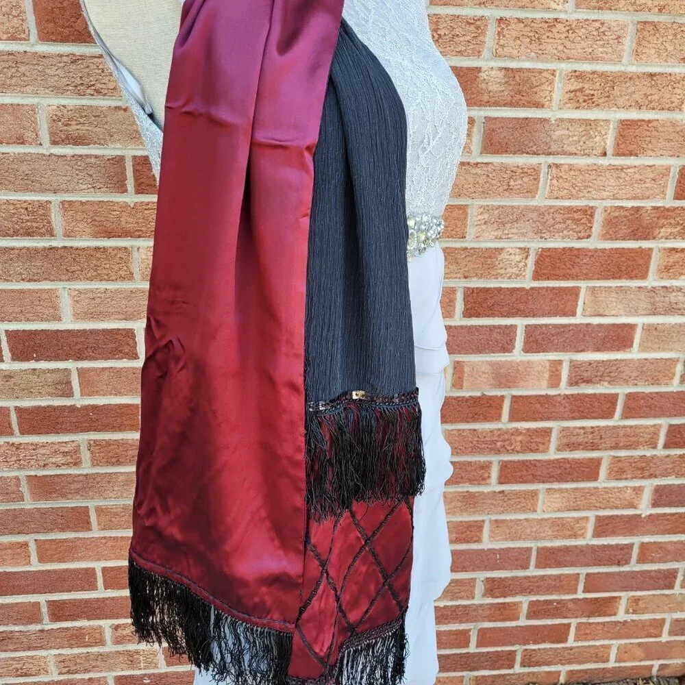 Chico's 100% Silk Wrap Scarf Elegant Beading and Tassels Black and Maroon